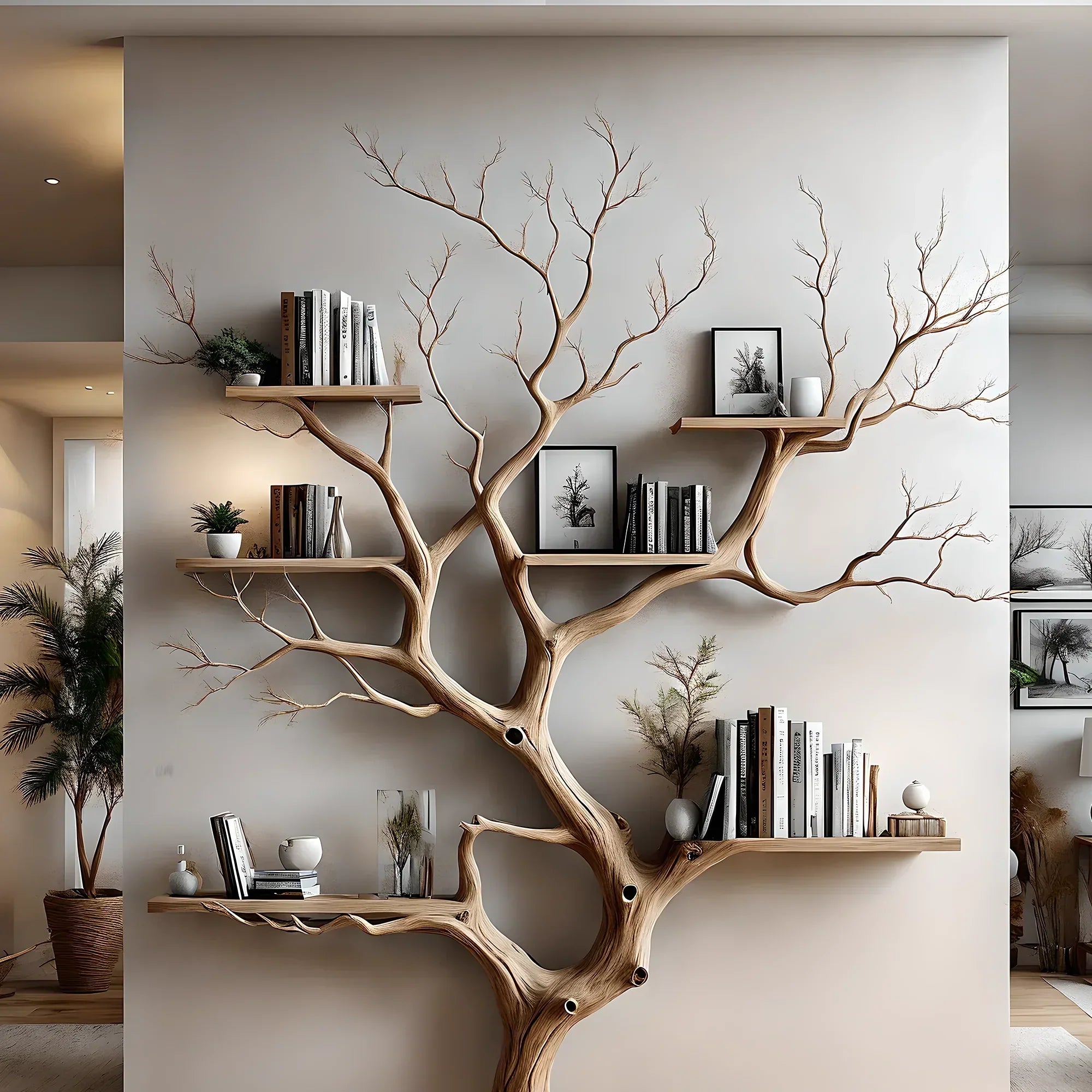 Tree-shaped wall-mounted bookshelf, solid wood scahs shelf, decorative wall shelf for living room decoration