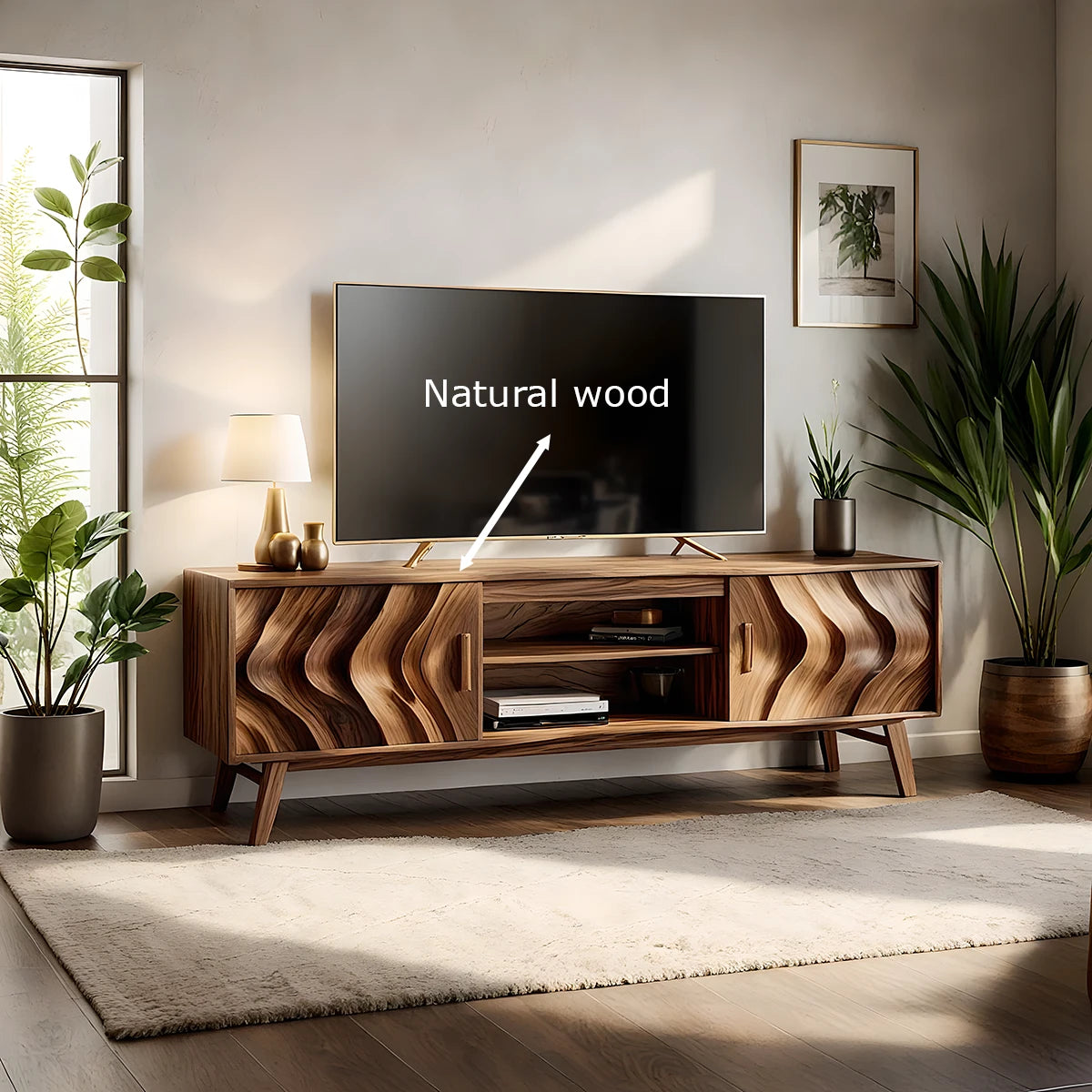 Organic Wave-Front Walnut TV Console - Mid-Century Sculpted Media Unit - Rustira