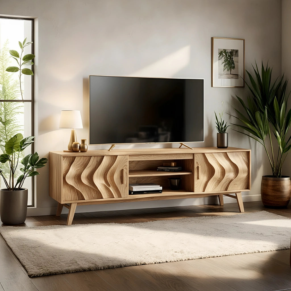 Organic Wave-Front Walnut TV Console - Mid-Century Sculpted Media Unit - Rustira