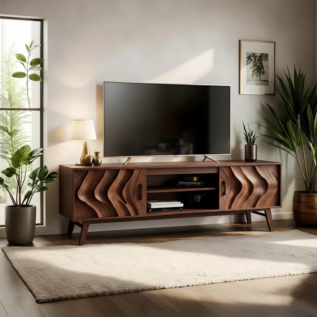 Organic Wave-Front Walnut TV Console - Mid-Century Sculpted Media Unit - Rustira