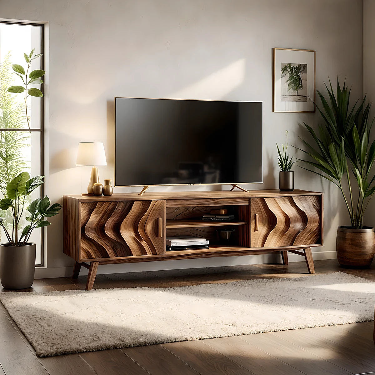 Organic Wave-Front Walnut TV Console - Mid-Century Sculpted Media Unit - Rustira