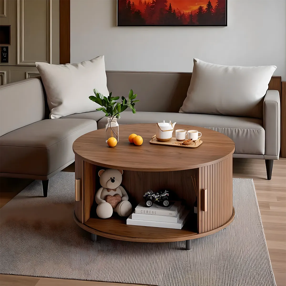 Round Wooden Coffee Table With Drawers, Minimalist and Functional Scandi
