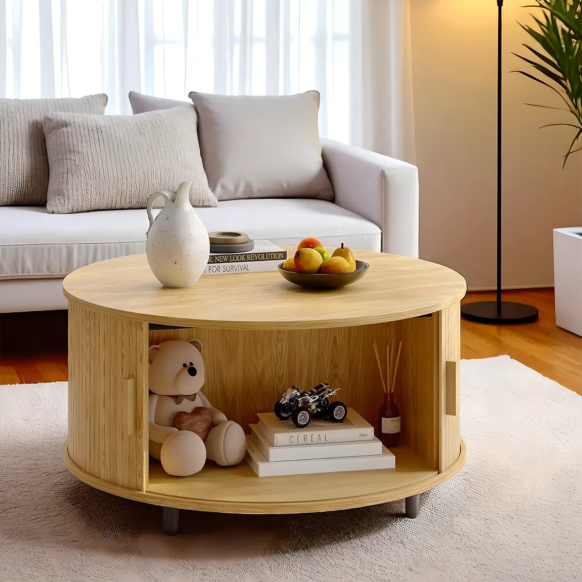 Round Wooden Coffee Table With Drawers, Minimalist and Functional Scandi