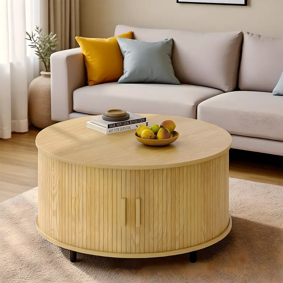 Round Wooden Coffee Table With Drawers, Minimalist and Functional Scandi