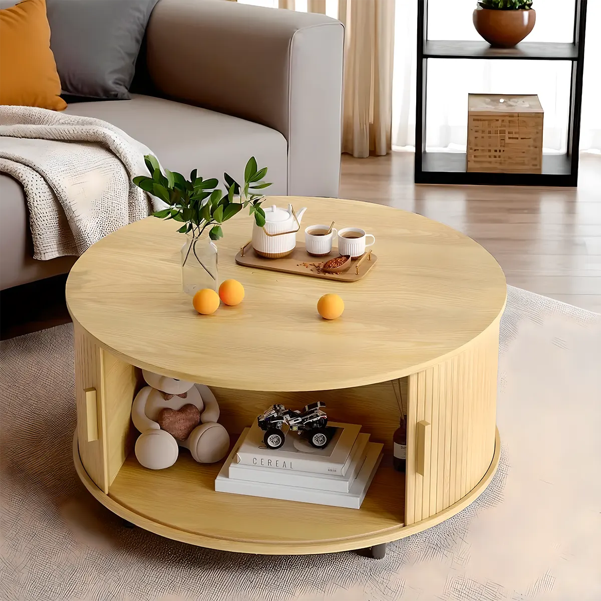 Round Wooden Coffee Table With Drawers, Minimalist and Functional Scandi