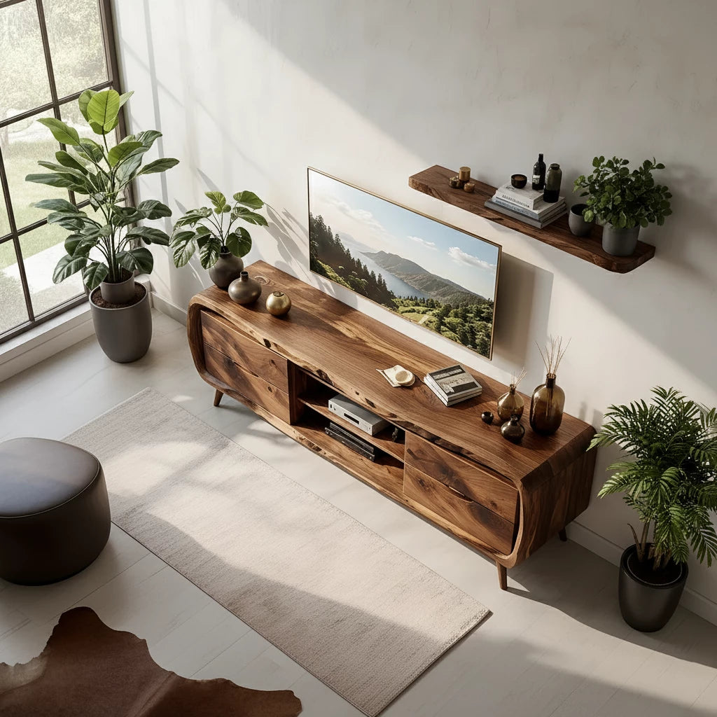 Rounded Edge Solid Wood TV Stand - Organic Modern Media Console - Rustira