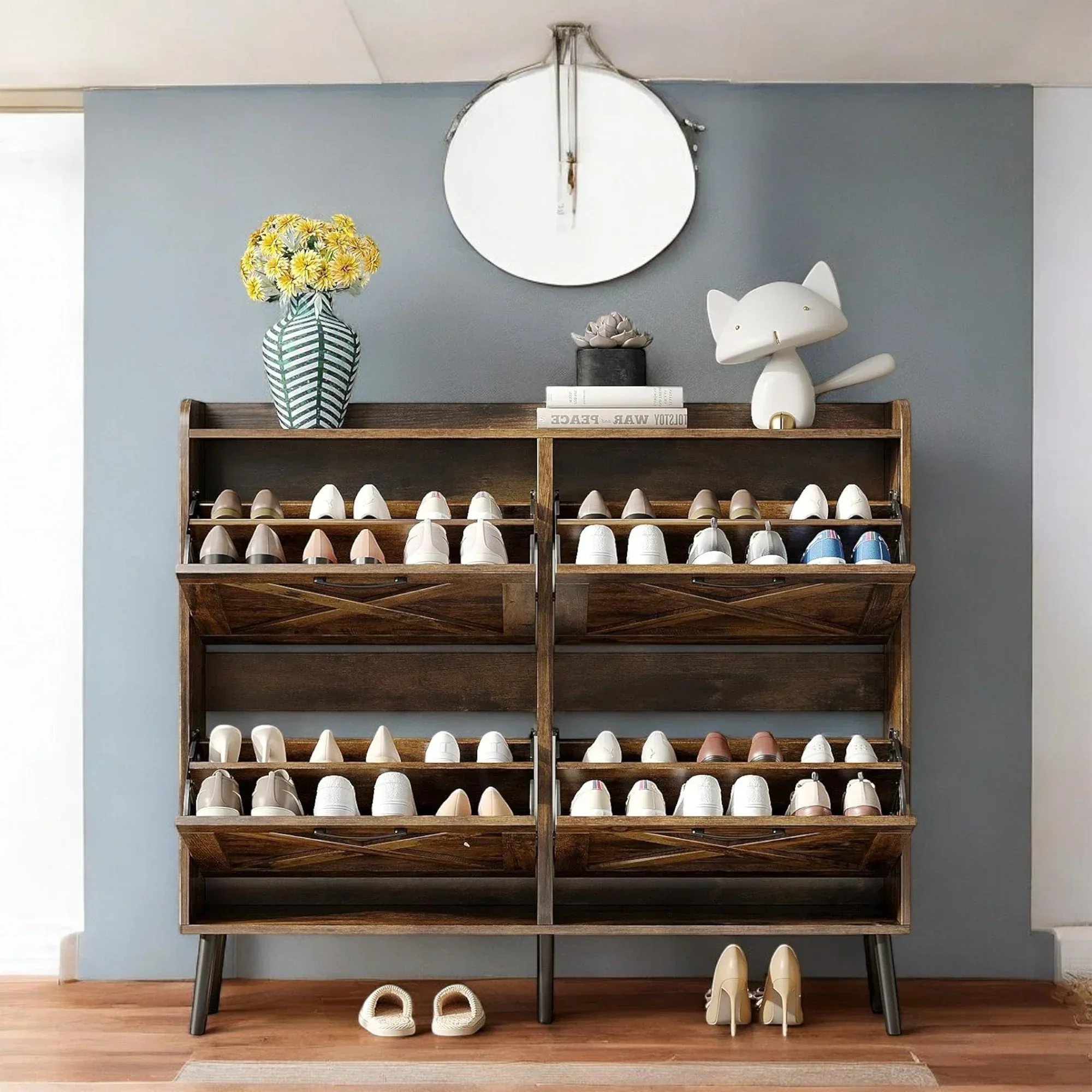 Rustic 4-Tier Wooden Shoe Cabinet with Flip Drawers & Legs