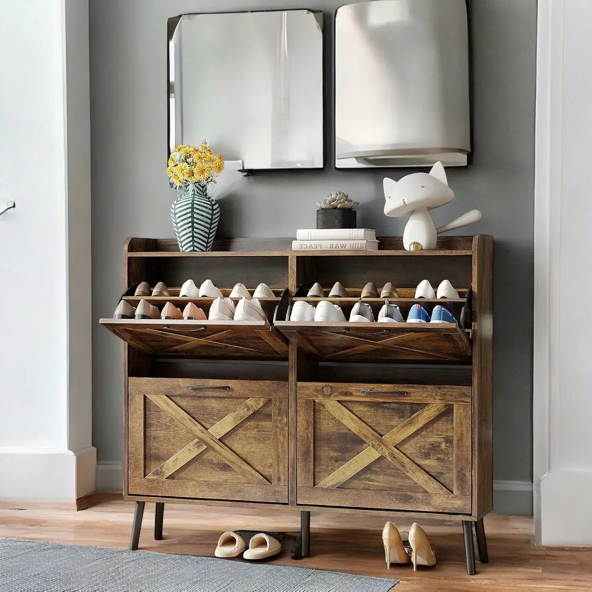 Rustic 4-Tier Wooden Shoe Cabinet with Flip Drawers & Legs