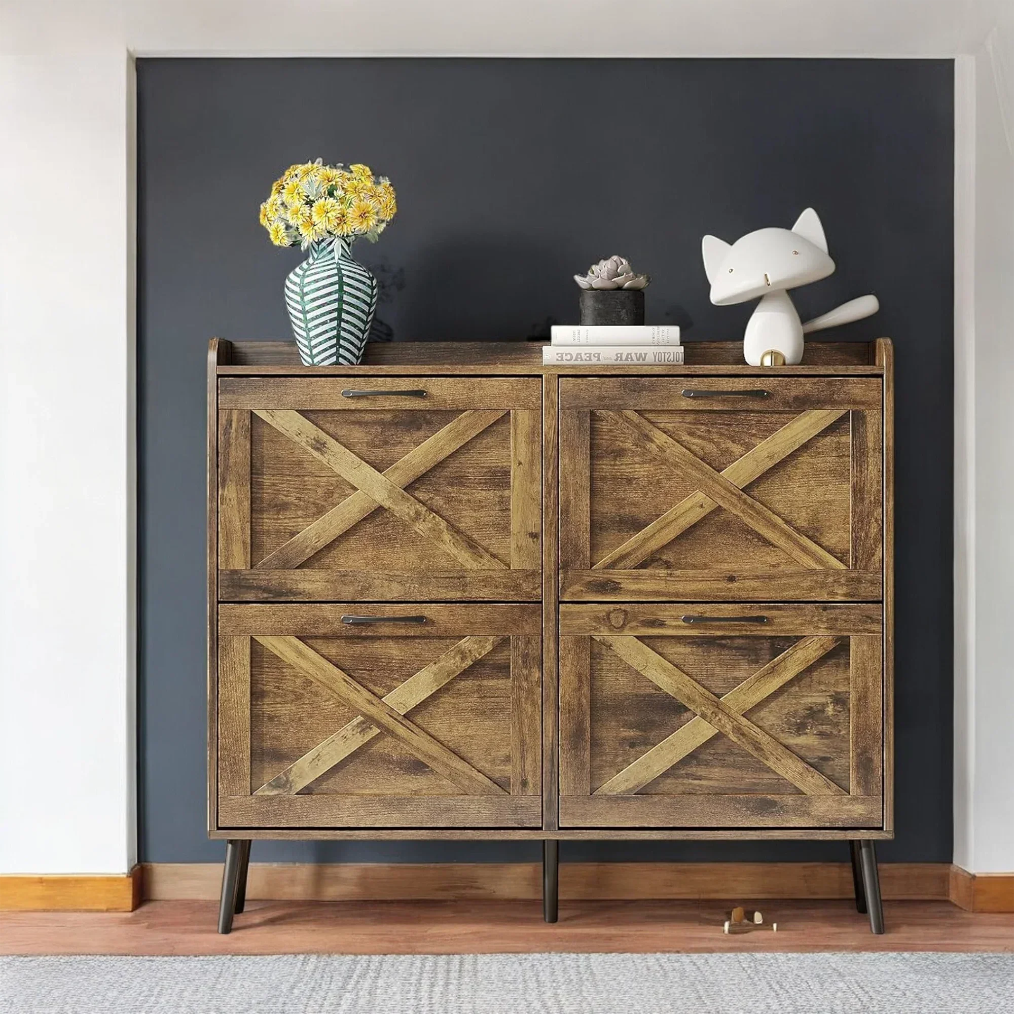Rustic 4-Tier Wooden Shoe Cabinet with Flip Drawers & Legs