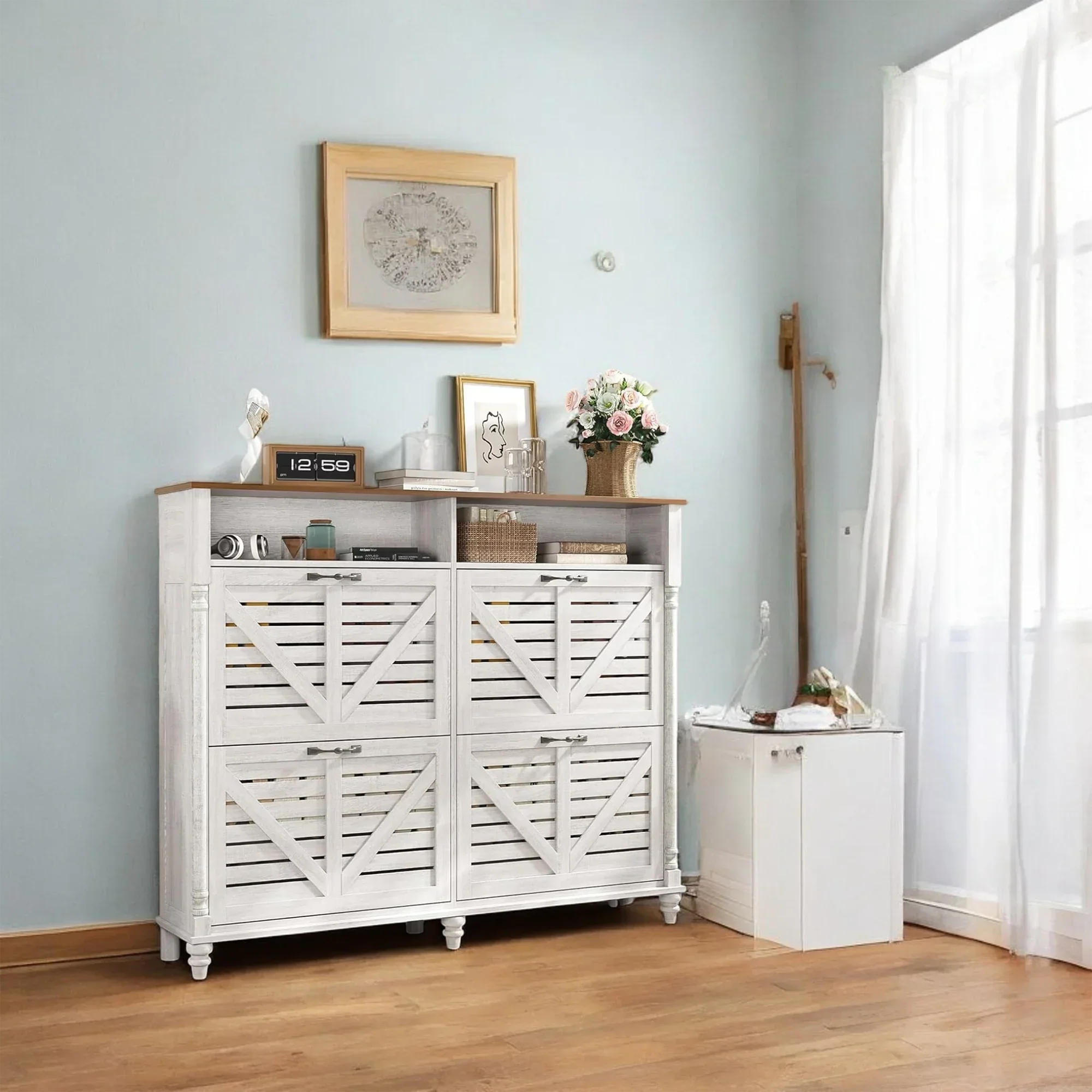 Rustic Farmhouse Shoe Cabinet with Flip Drawers & Storage