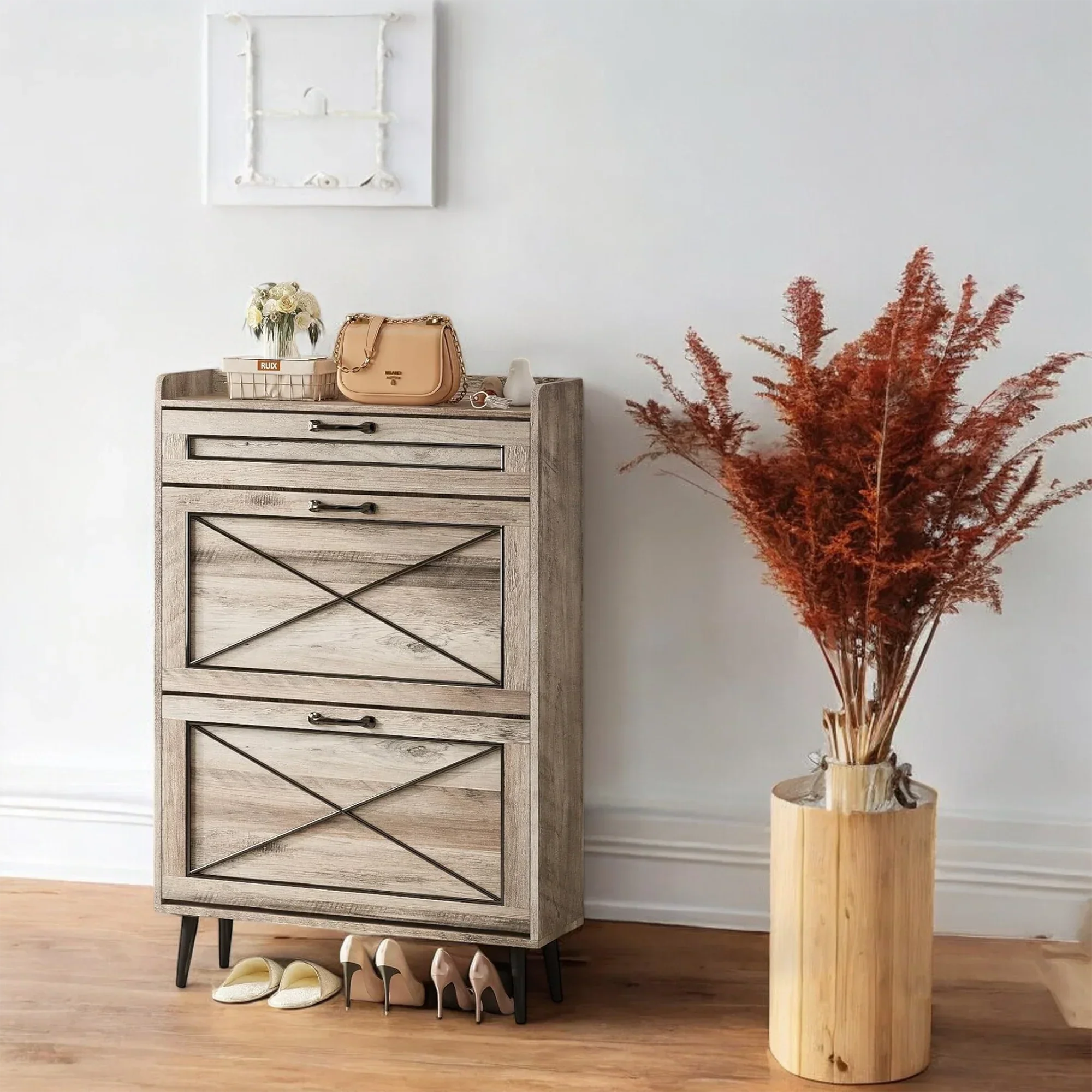 Rustic Slim Shoe Cabinet with Drawer – 3 Flip Tiers, Space-Saving