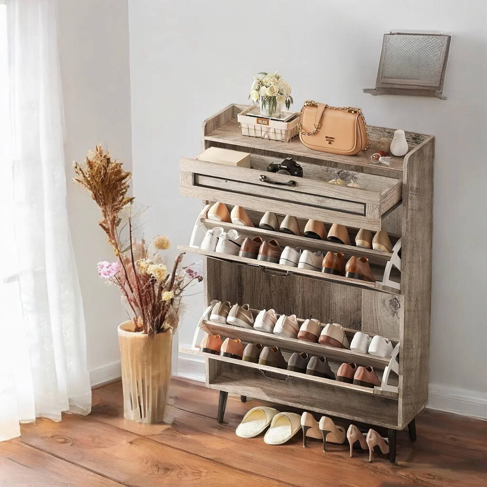 Rustic Slim Shoe Cabinet with Drawer – 3 Flip Tiers, Space-Saving