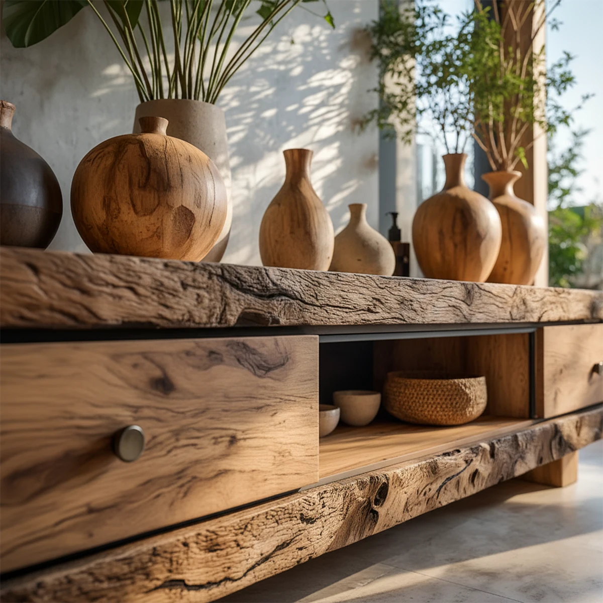 Rustic Solid Wood Wabi-Sabi TV Stand with Natural Grain & Drawers - Rustira