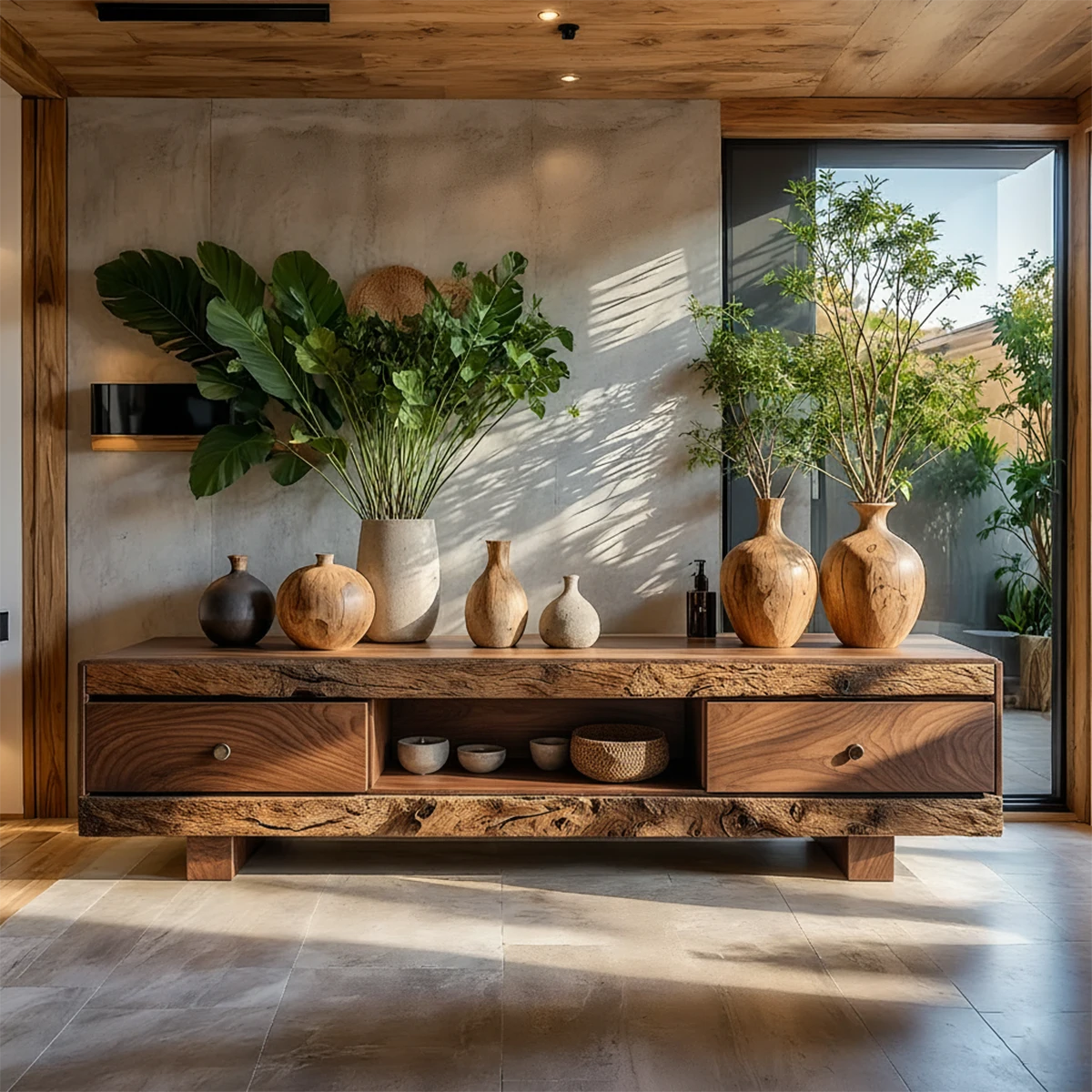 Rustic Solid Wood Wabi-Sabi TV Stand with Natural Grain & Drawers - Rustira