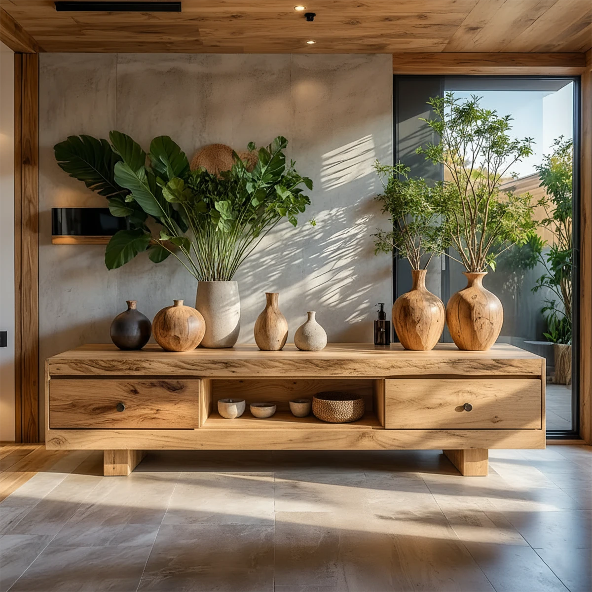 Rustic Solid Wood Wabi-Sabi TV Stand with Natural Grain & Drawers - Rustira