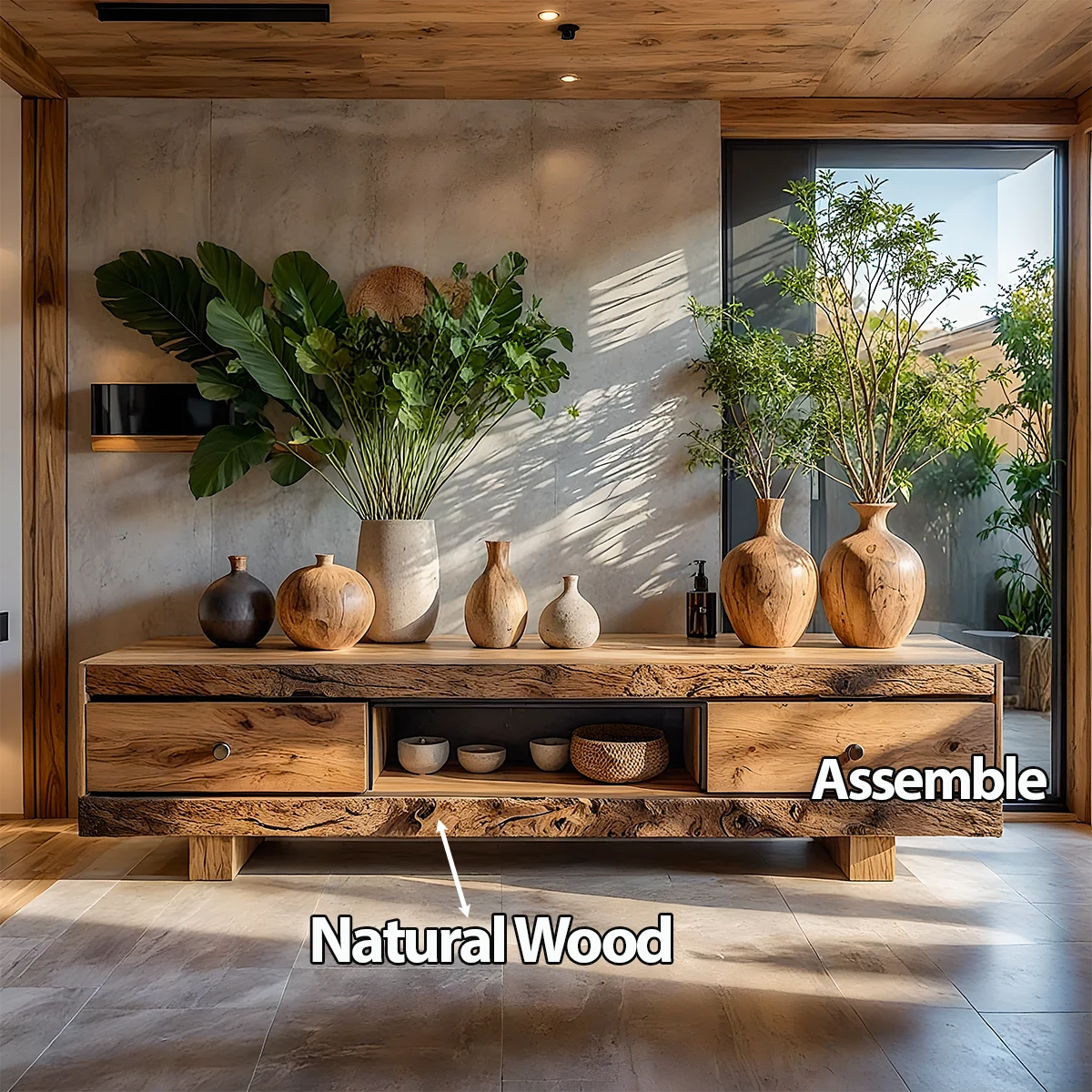 Rustic Solid Wood Wabi-Sabi TV Stand with Natural Grain & Drawers - Rustira