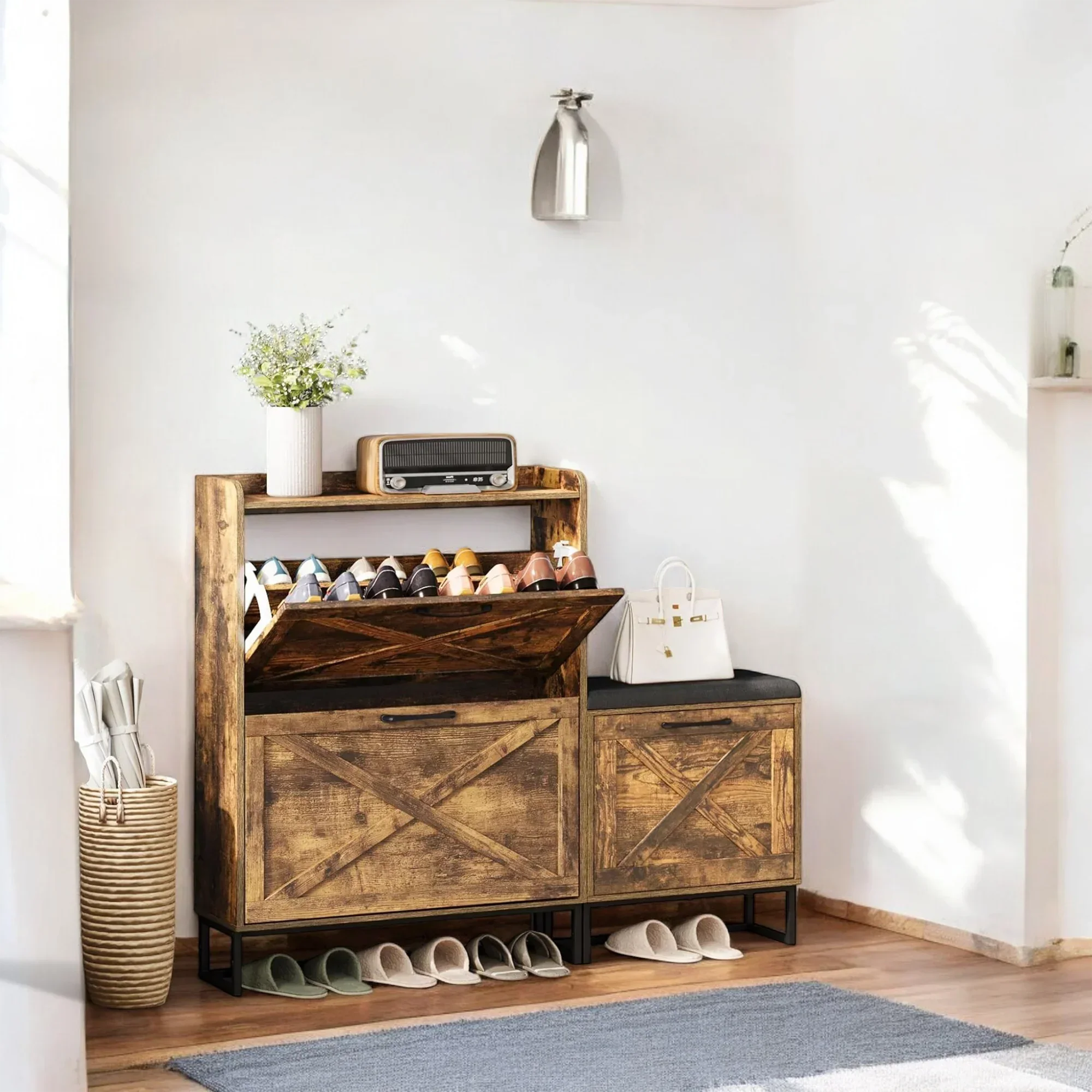 Rustic Wooden Shoe Cabinet with Cushioned Bench & Storage Drawers