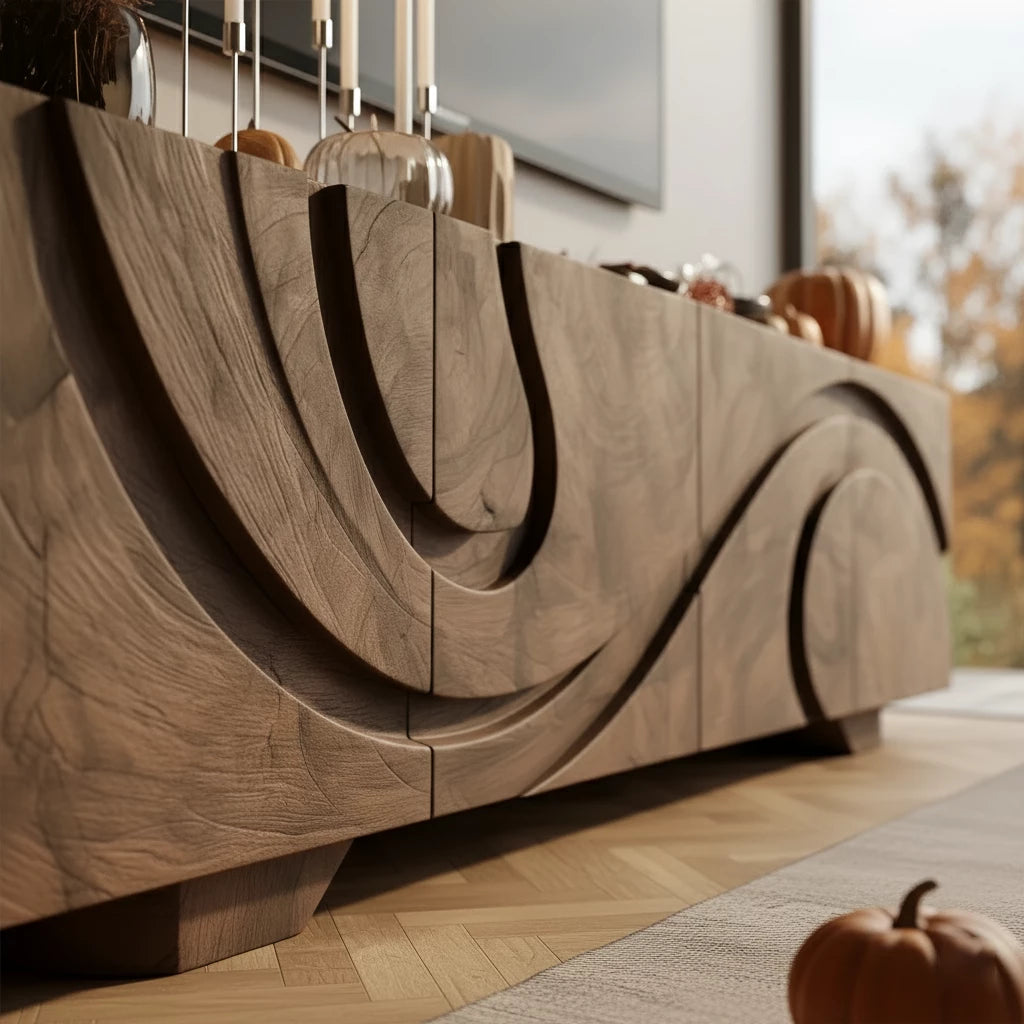 Sculpted Dark Walnut TV Stand — Lunar Tide Edition - Rustira