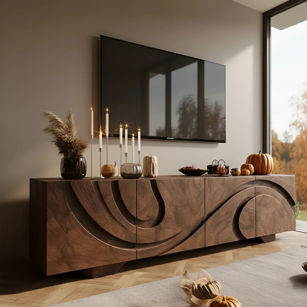 Sculpted Dark Walnut TV Stand — Lunar Tide Edition - Rustira