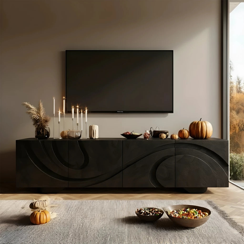 Sculpted Dark Walnut TV Stand — Lunar Tide Edition - Rustira