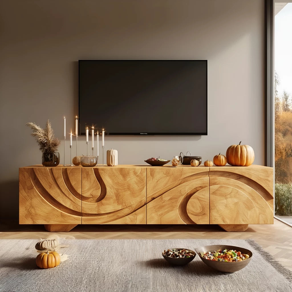 Sculpted Dark Walnut TV Stand — Lunar Tide Edition - Rustira