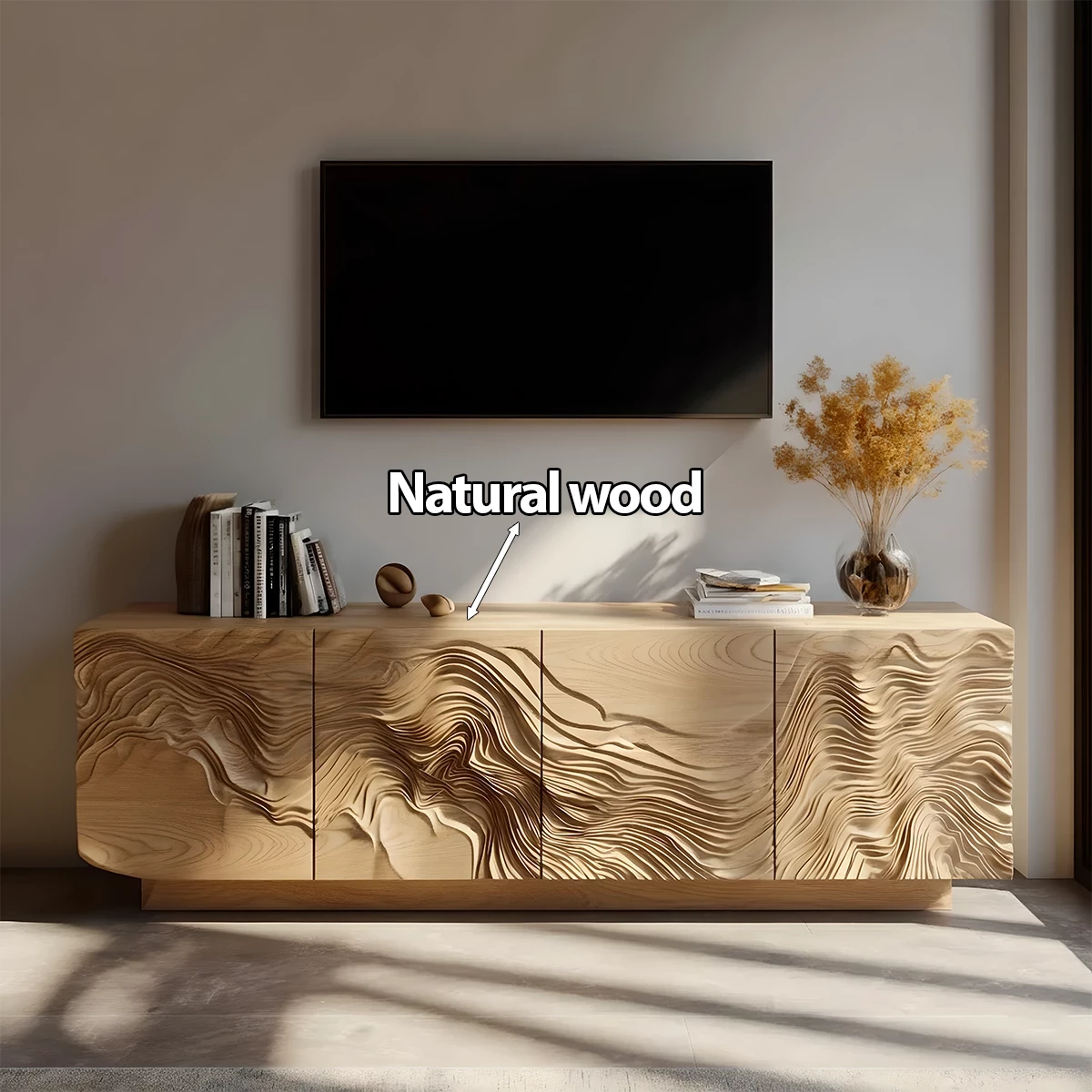Sculpted Solid Wood TV Stand – Organic Wave Texture Media Console - Rustira