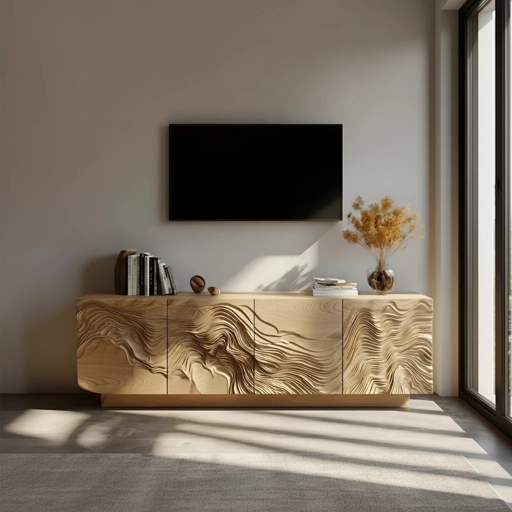 Sculpted Solid Wood TV Stand – Organic Wave Texture Media Console - Rustira