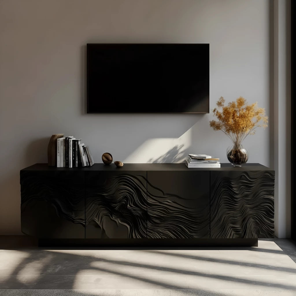 Sculpted Solid Wood TV Stand – Organic Wave Texture Media Console - Rustira