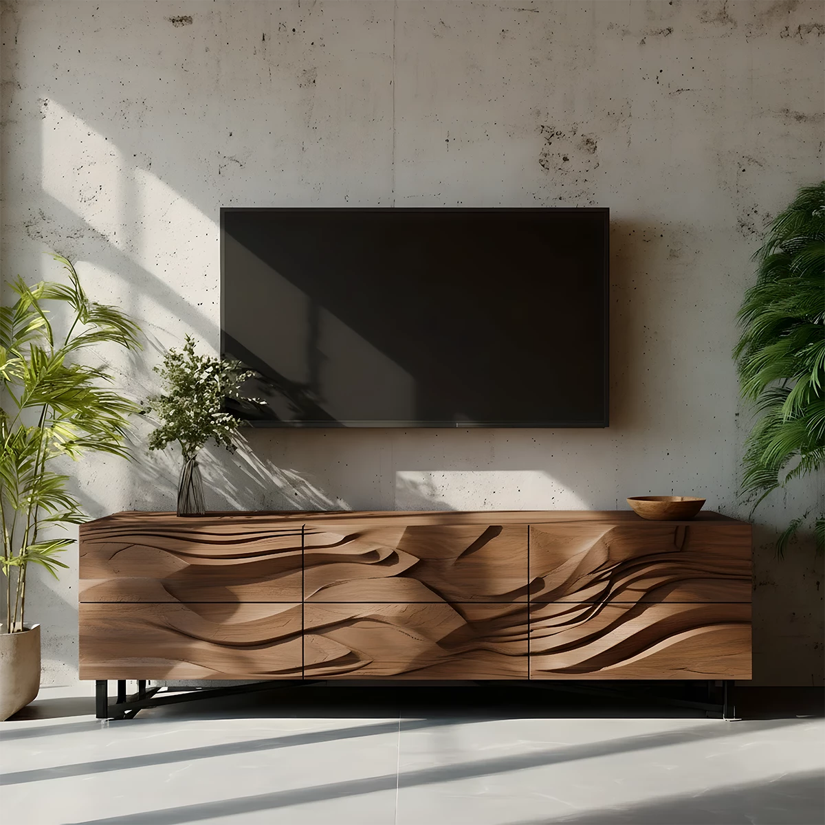 Sculpted Walnut TV Stand – Fluid Organic Modern Media Console - Rustira