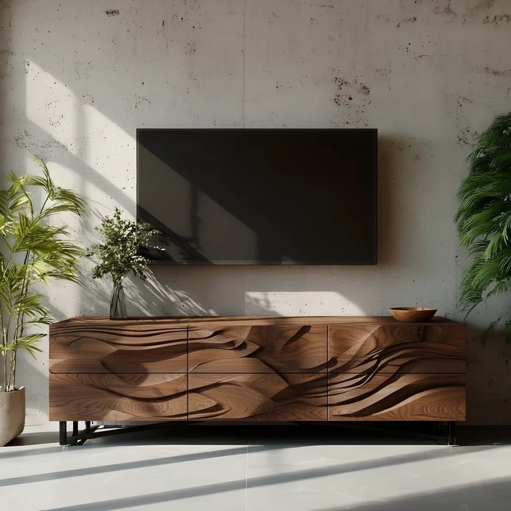 Sculpted Walnut TV Stand – Fluid Organic Modern Media Console - Rustira