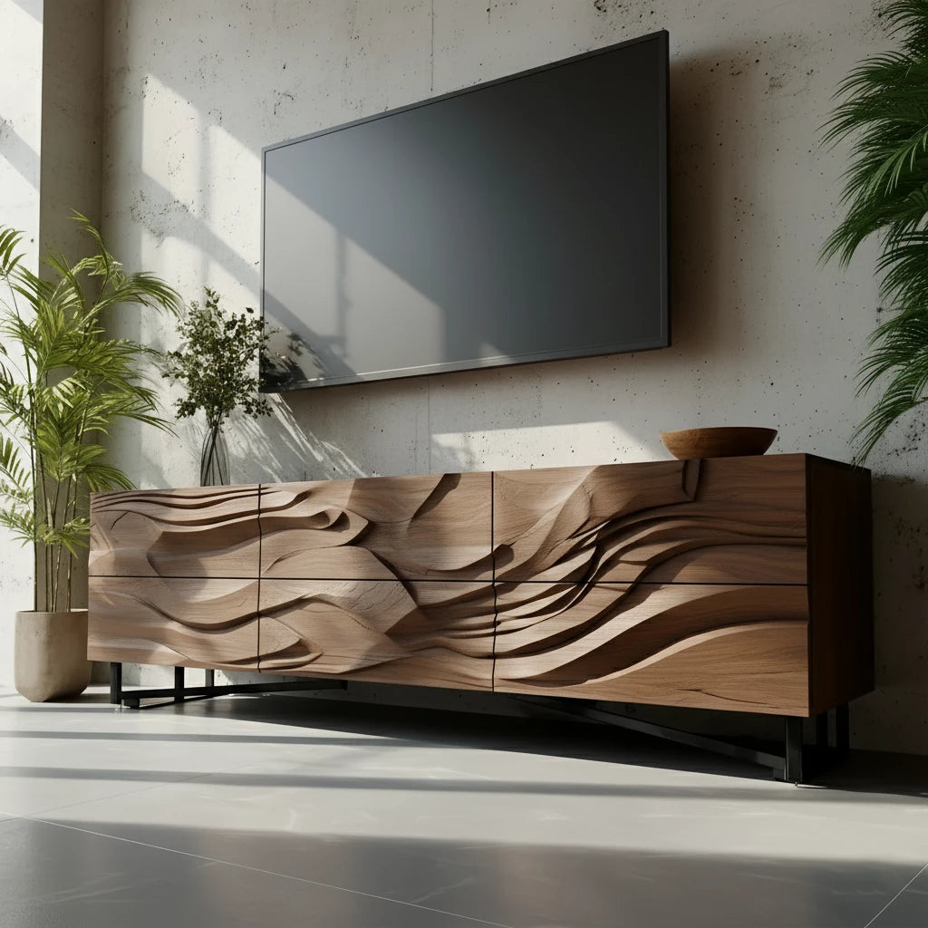 Sculpted Walnut TV Stand – Fluid Organic Modern Media Console - Rustira