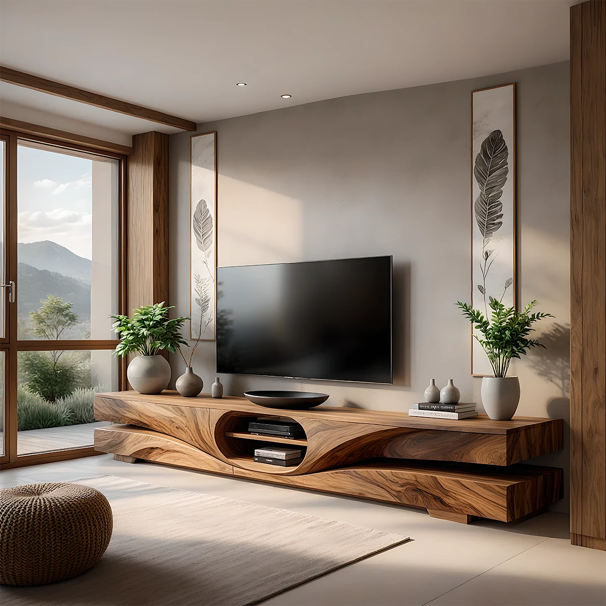 Sculpted Wave Solid Wood TV Stand – Organic Zen Media Console - Rustira