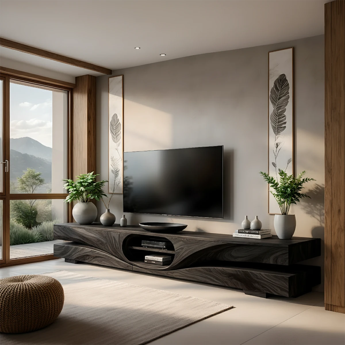 Sculpted Wave Solid Wood TV Stand – Organic Zen Media Console - Rustira