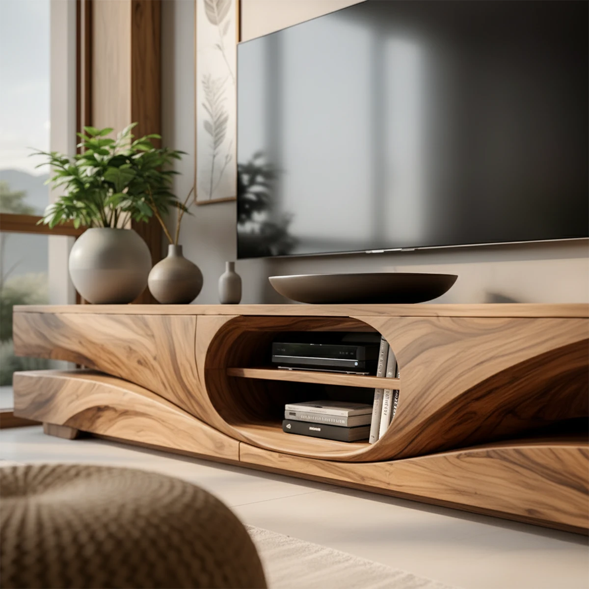 Sculpted Wave Solid Wood TV Stand – Organic Zen Media Console - Rustira