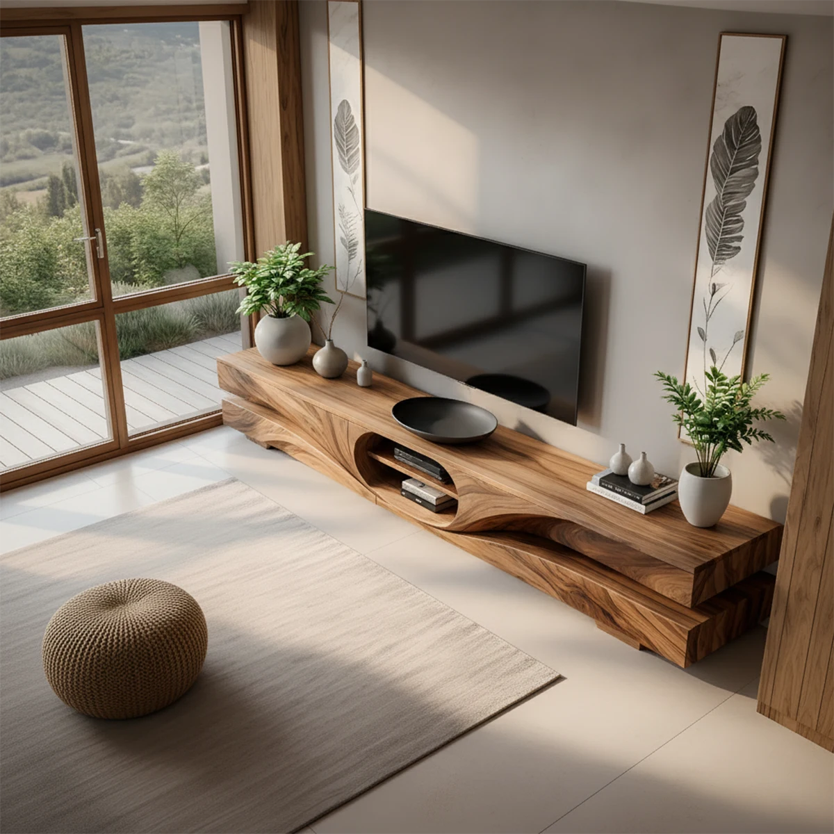 Sculpted Wave Solid Wood TV Stand – Organic Zen Media Console - Rustira