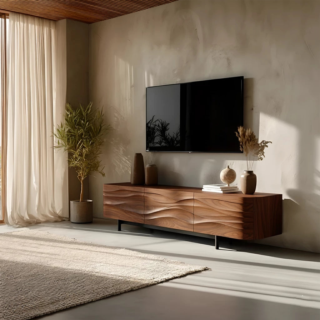 Sculpted Wave Solid Wood TV Stand — Warm Sands Finish - Rustira