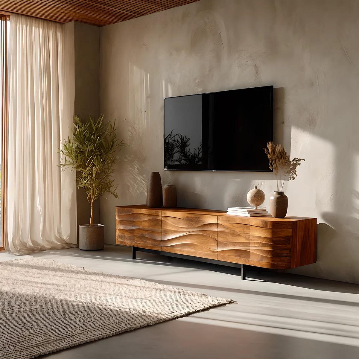 Sculpted Wave Solid Wood TV Stand — Warm Sands Finish - Rustira