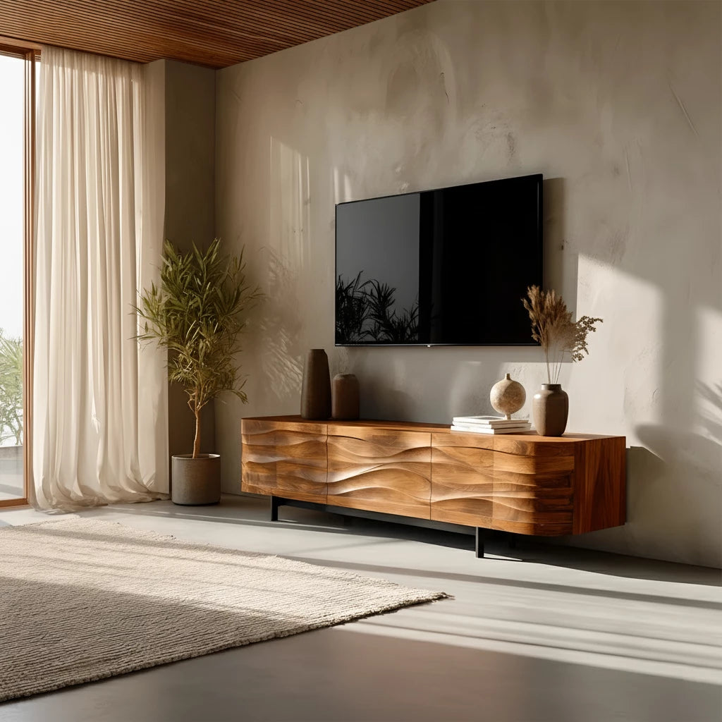 Sculpted Wave Solid Wood TV Stand — Warm Sands Finish - Rustira
