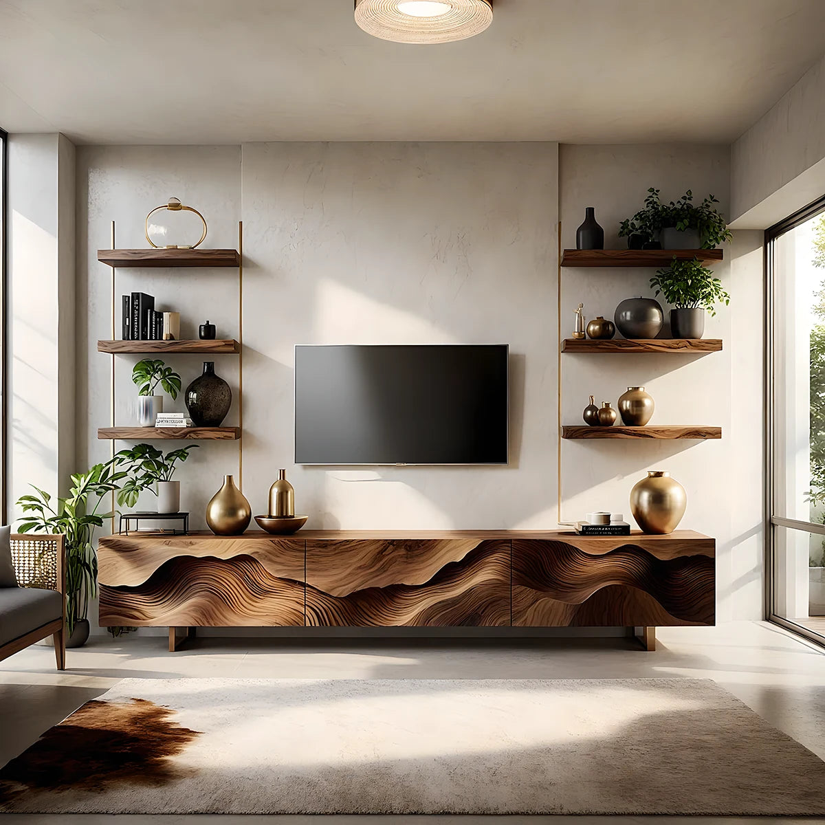Sculpted Wave Walnut TV Console - Floating Organic Media Cabinet - Rustira