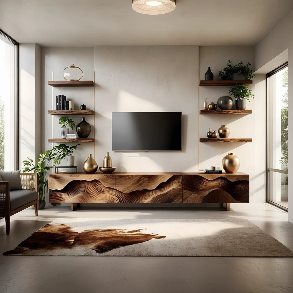 Sculpted Wave Walnut TV Console - Floating Organic Media Cabinet - Rustira