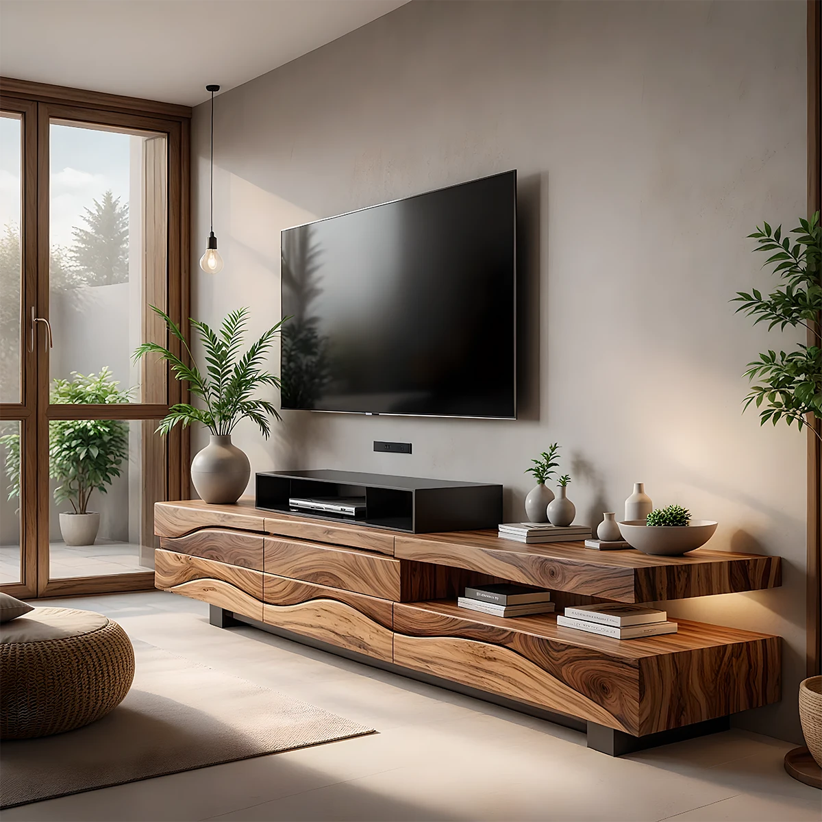 Sculpted Wave Walnut TV Console – Layered Organic Wood Design - Rustira