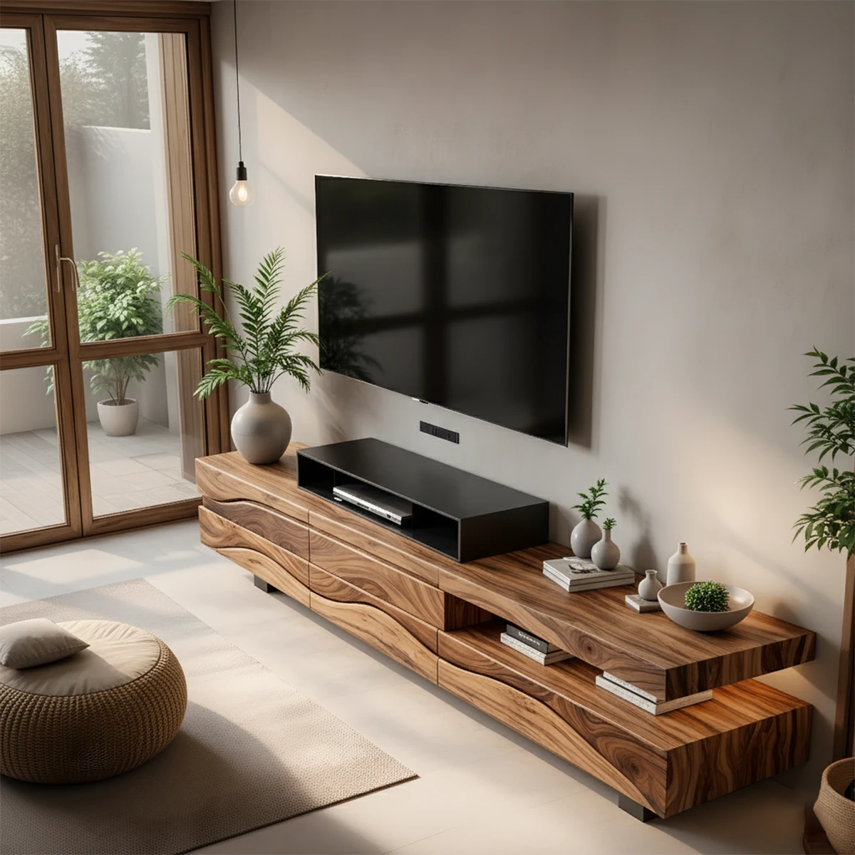 Sculpted Wave Walnut TV Console – Layered Organic Wood Design - Rustira