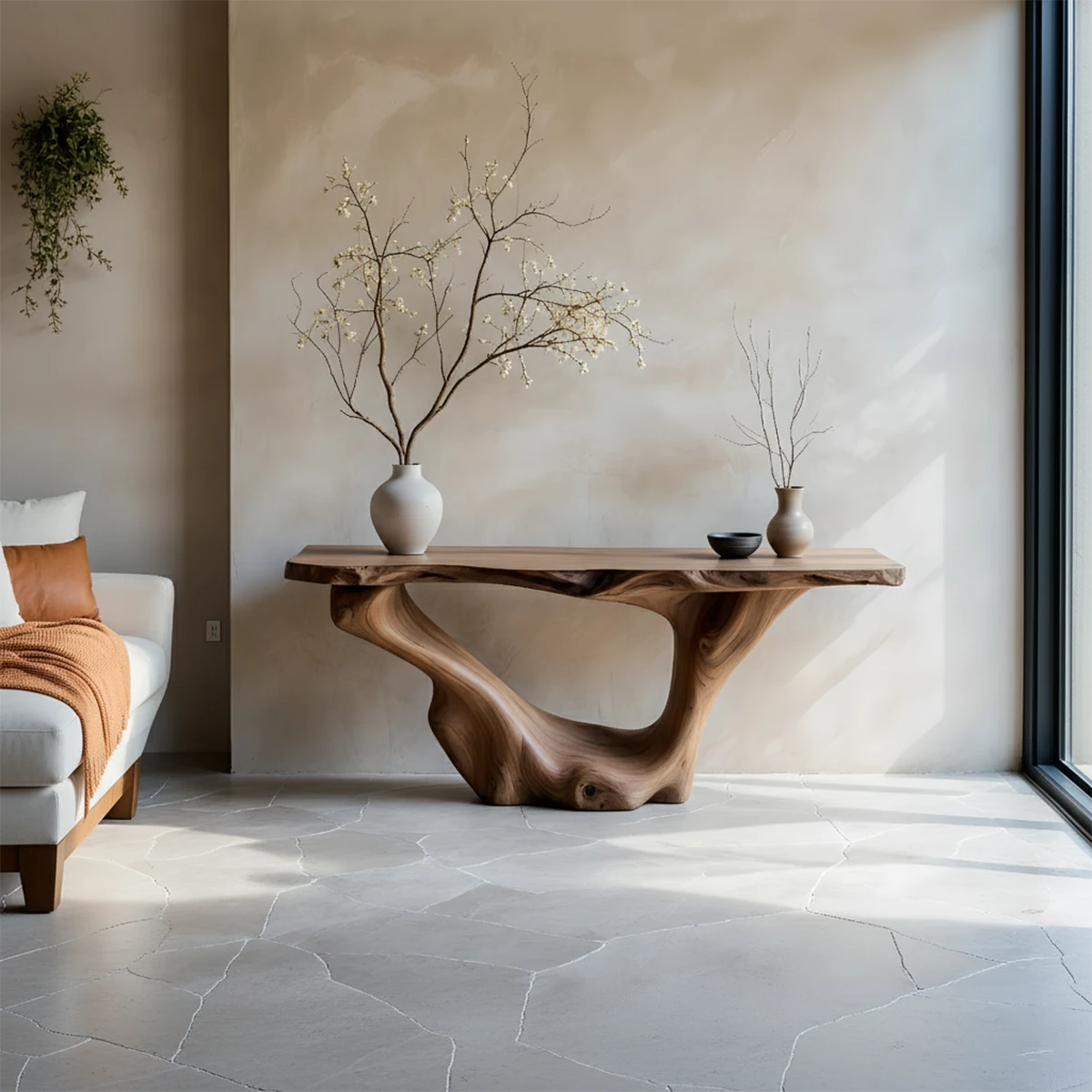 Sculptural Organic Solid Wood Console Table – Art Form Base - Rustira