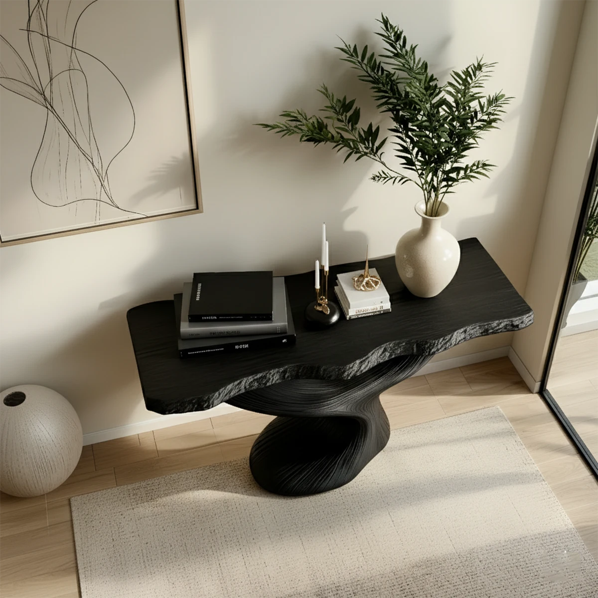 Sculptural Solid Wood Console — Modern Art Entry Table - Rustira