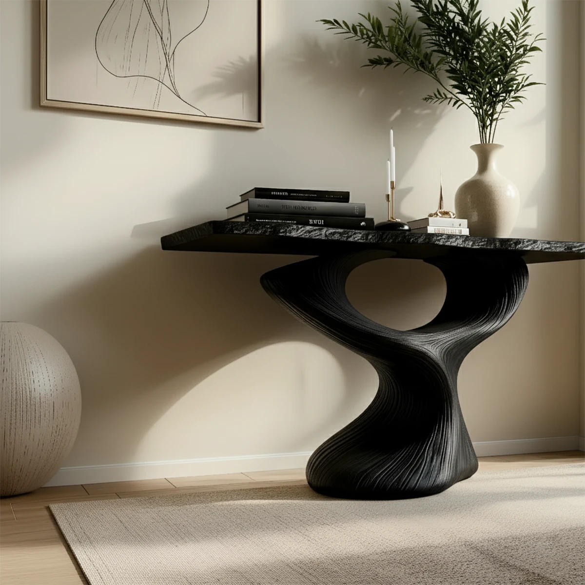 Sculptural Solid Wood Console — Modern Art Entry Table - Rustira
