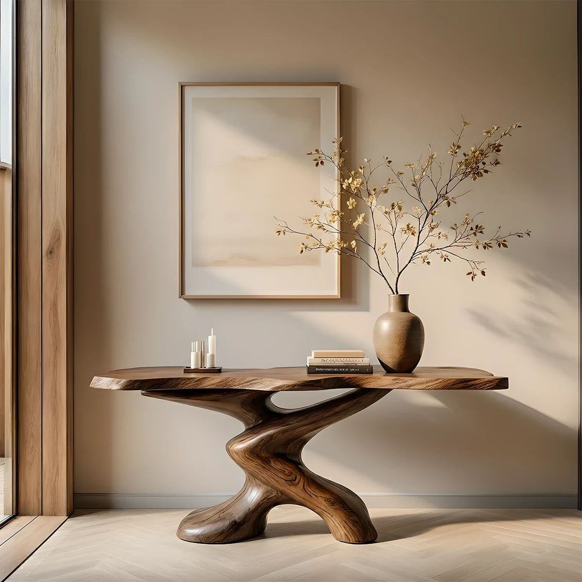 Sculptural Solid Wood Console Table — Organic Japandi Entryway Art Piece - Rustira