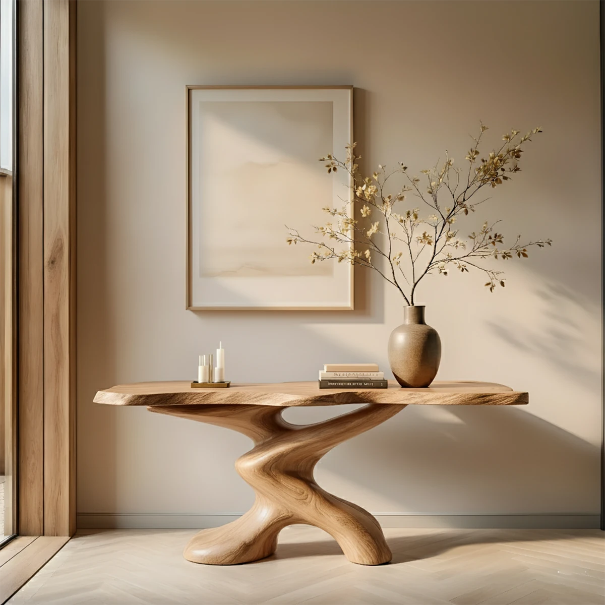 Sculptural Solid Wood Console Table — Organic Japandi Entryway Art Piece - Rustira