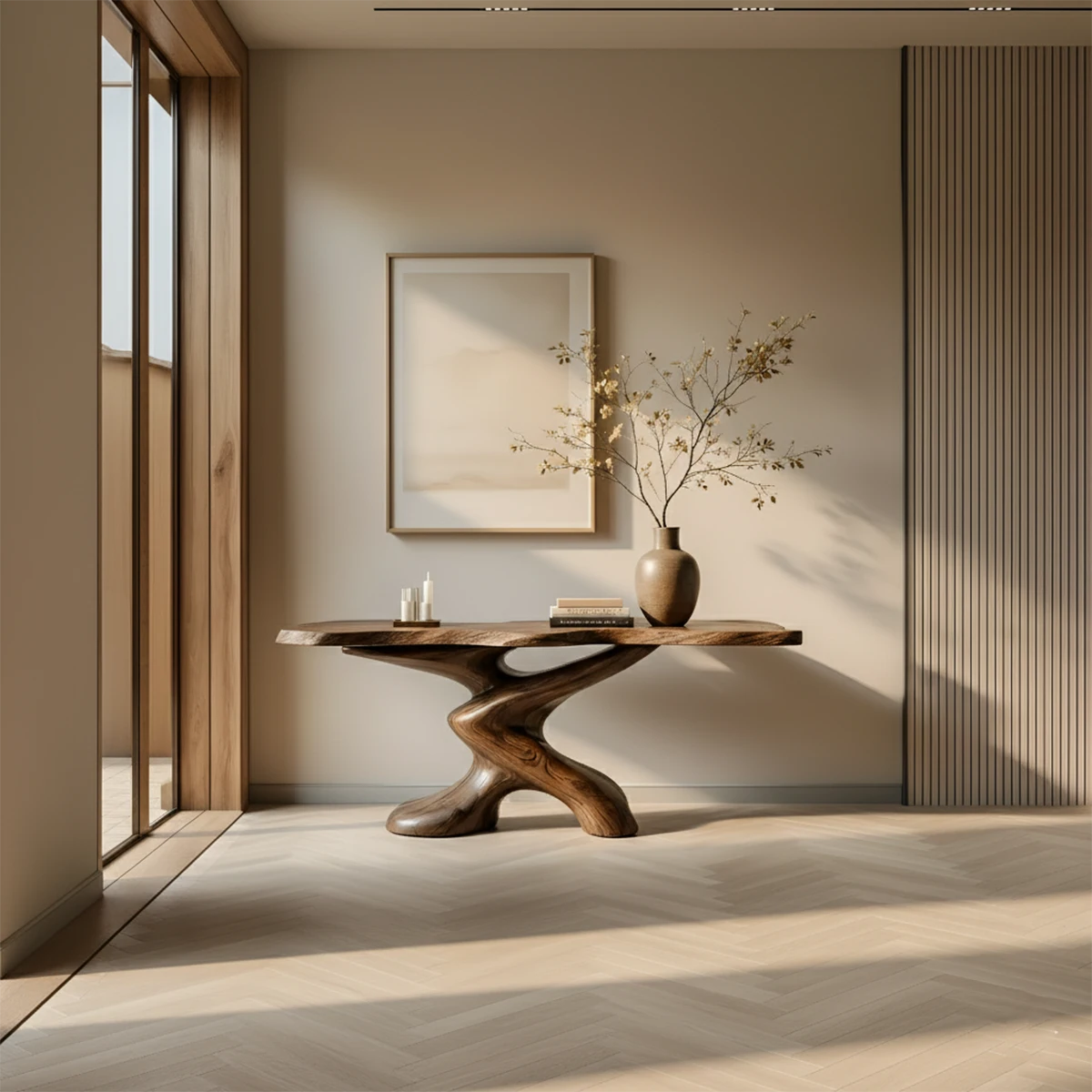 Sculptural Solid Wood Console Table — Organic Japandi Entryway Art Piece - Rustira