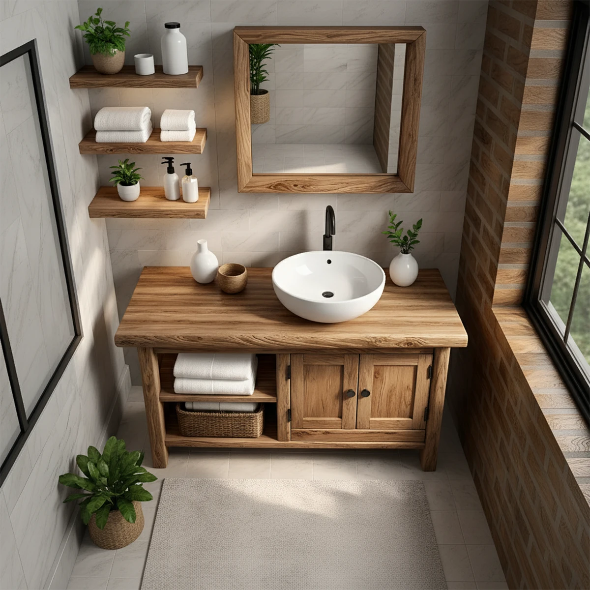 Solid Oak Bathroom Vanity – Natural Wood Cabinet with Open Shelf - Rustira