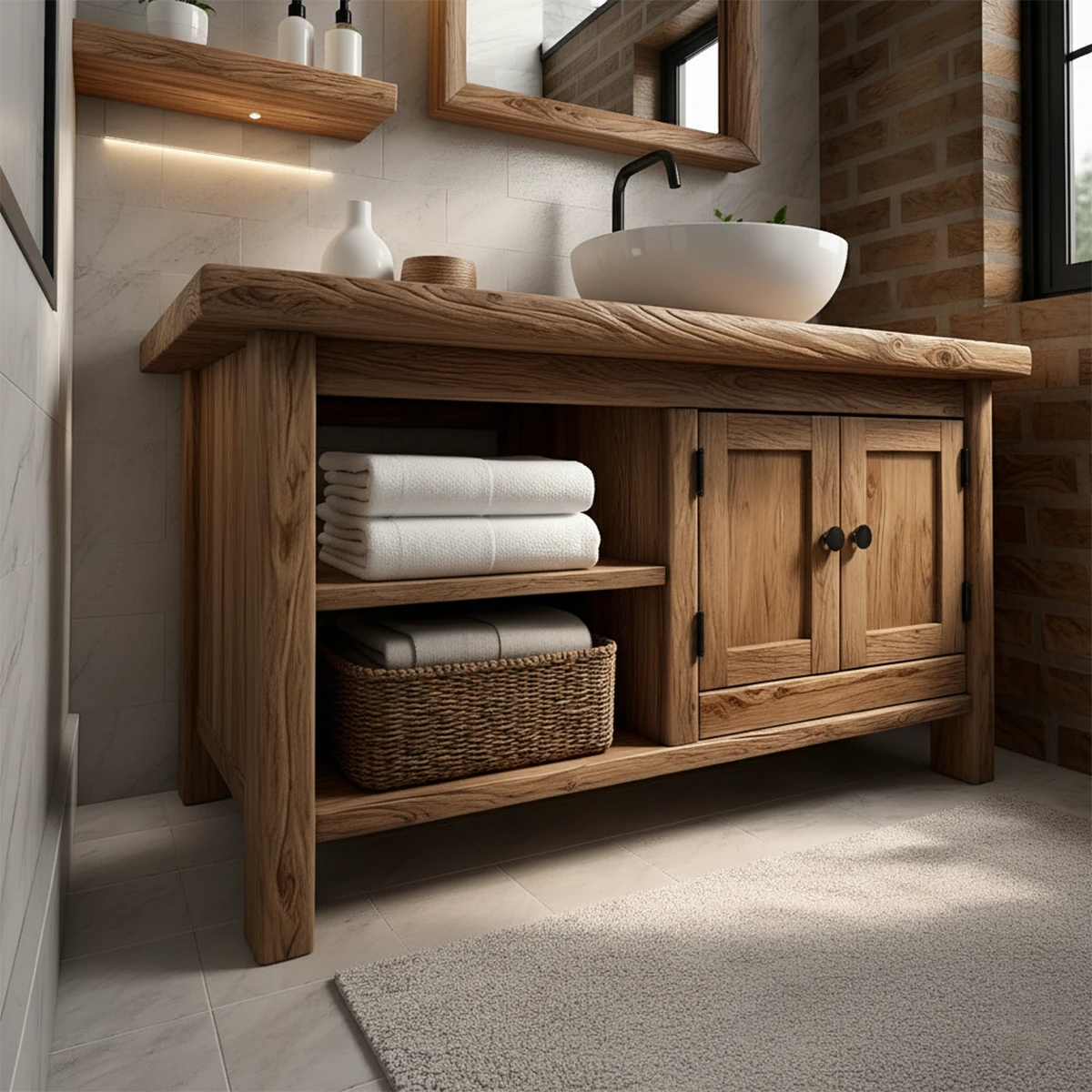 Solid Oak Bathroom Vanity – Natural Wood Cabinet with Open Shelf - Rustira